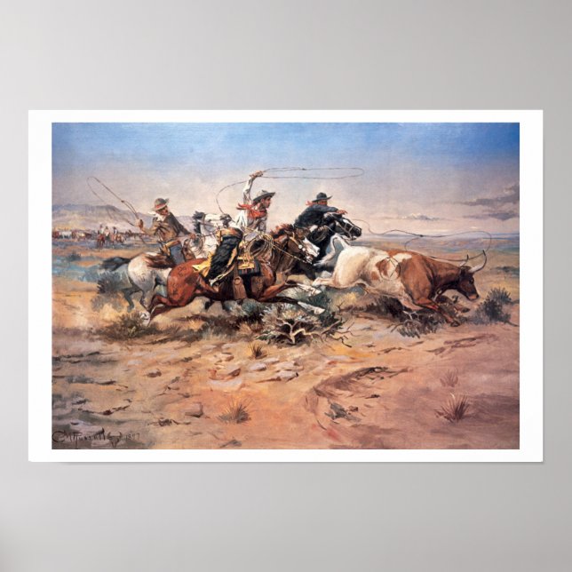 Cowboys roping a steer, 1897 (oil on canvas) poster (Front)