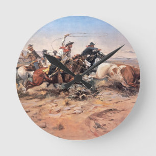 Cowboys roping a steer, 1897 (oil on canvas) round clock