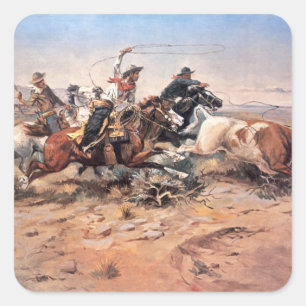 Cowboys roping a steer, 1897 (oil on canvas) square sticker