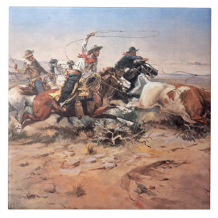 Cowboys roping a steer, 1897 (oil on canvas) tile