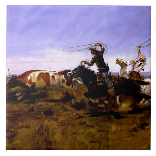 “Cowboys Roping a Steer” by Charles M Russell Ceramic Tile (Front)