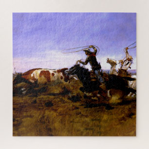 “Cowboys Roping a Steer” by Charles M Russell Jigsaw Puzzle