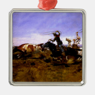 “Cowboys Roping a Steer” by Charles M Russell Metal Ornament