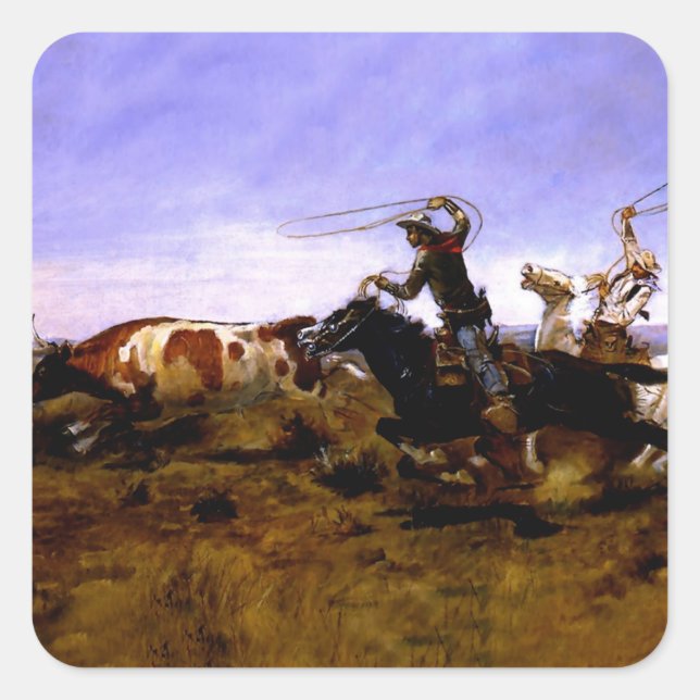 “Cowboys Roping a Steer” by Charles M Russell Square Sticker (Front)