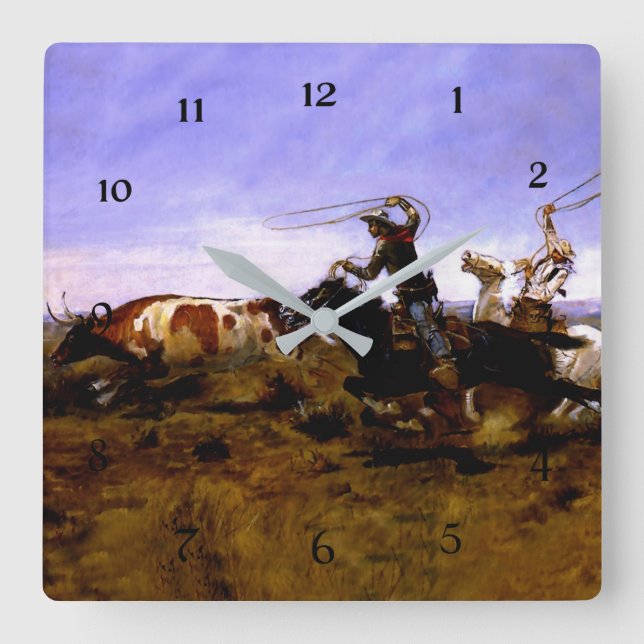 “Cowboys Roping a Steer” by Charles M Russell Square Wall Clock (Front)