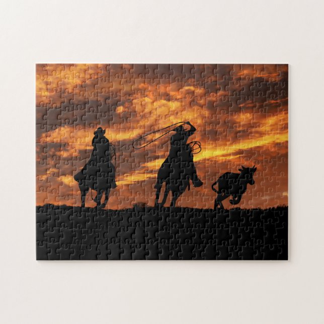 Cowboys Roping at Sunset Rustic Jigsaw Puzzle (Horizontal)