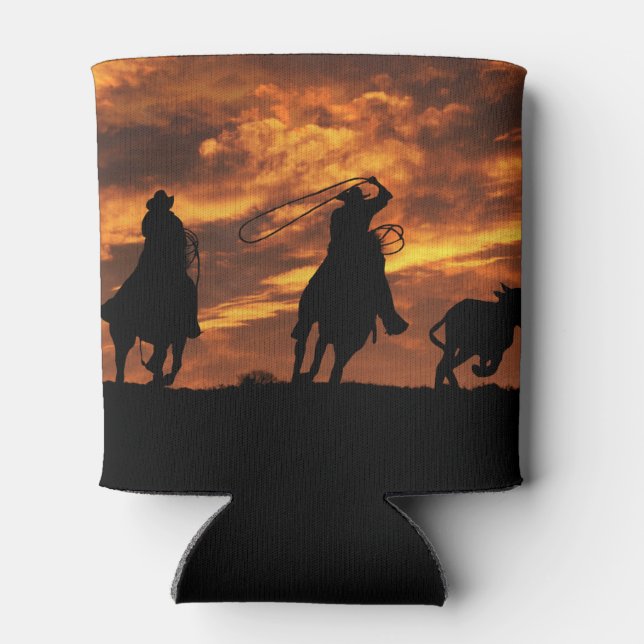 Cowboys Roping Steer Country Western Can Cooler (Back)