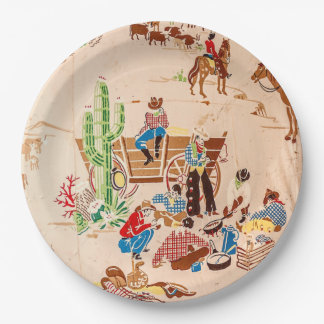 Cowboys - Vintage Wallpaper - Wild West Paper Plate