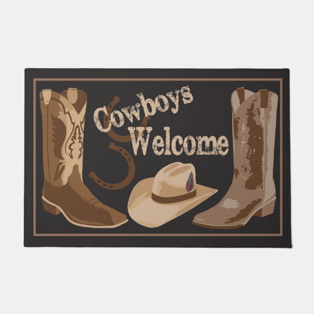 Cowboys Welcome Black Brown Boots Hats Horseshoes Doormat (Front)