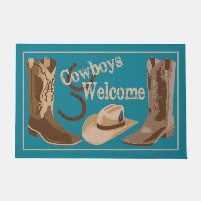 Cowboys Welcome Turquoise Teal Blue Brown Boots Doormat (Front)