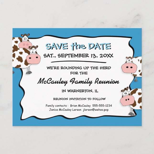 Cowdacious Big Sky Blue Fam Reunion Save the Date Announcement Postcard (Front)
