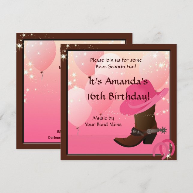 Cowgirl 16th Birthday Party Boot Scottin Custom Invitation (Front/Back)