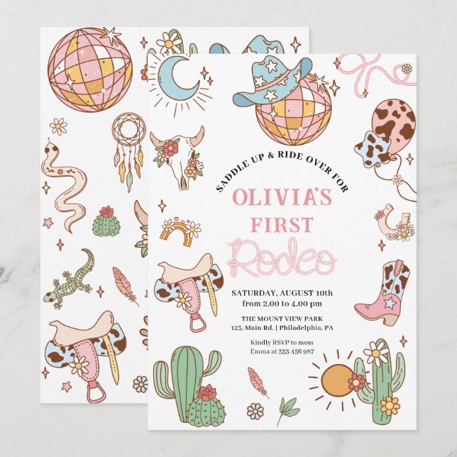 Cowgirl 1st Birthday Disco Rodeo Party Save The Date (Front/Back)