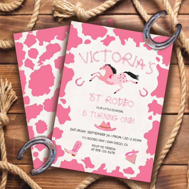 Cowgirl 1st Rodeo Cow pattern Birthday Party Invitation (Creator Uploaded)