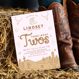 Cowgirl 2nd Birthday Party Terri-Boot Twos Pink Invitation