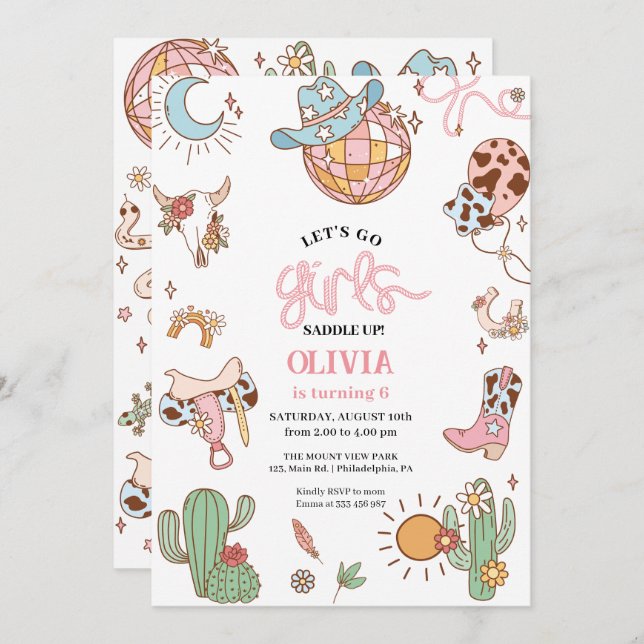 Cowgirl 6th Birthday Let's go girl Disco Save The Date (Front/Back)