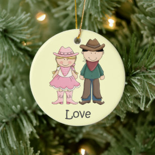Cowgirl and Cowboy in Love Ceramic Ornament