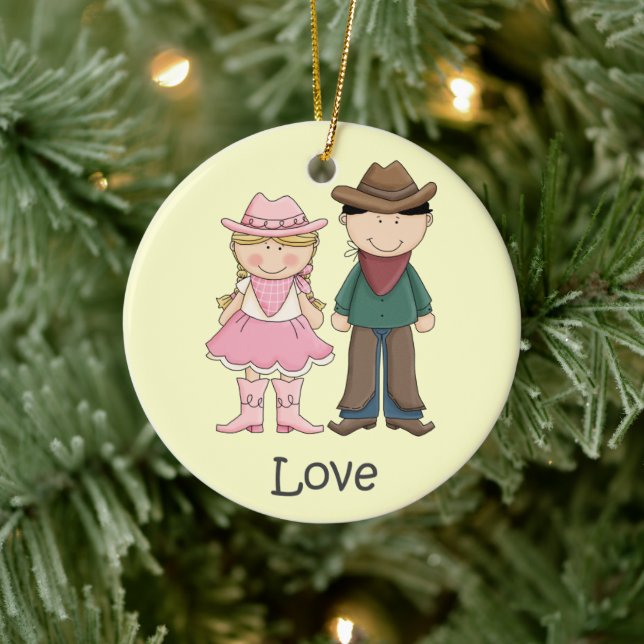 Cowgirl and Cowboy in Love Ceramic Ornament (Tree)