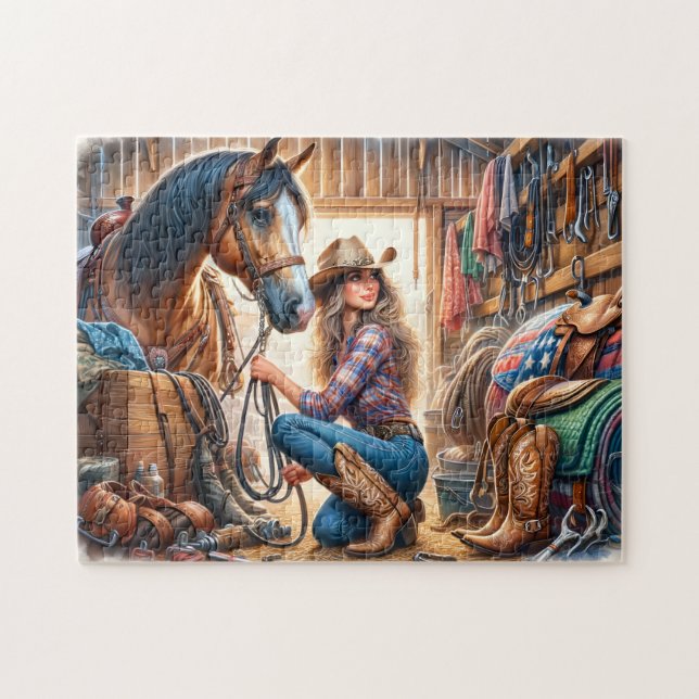 Cowgirl and Horse in Barn Stable at Ranch Jigsaw Puzzle (Horizontal)