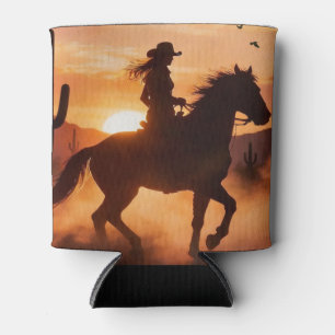 Cowgirl and Horse Riding in Sunset Can Cooler