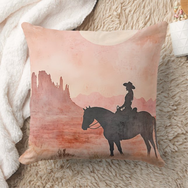 Cowgirl and Horse Southwestern Sunset Silhouette Cushion (Blanket)