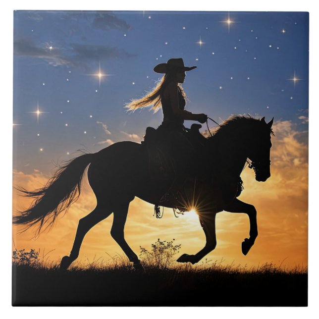 Cowgirl and Horse Sunset Fantasy Country Western Ceramic Tile (Front)