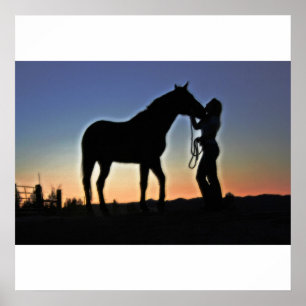 Cowgirl and Horse Sunset Poster