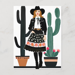 Cowgirl and Potted Cactus Plants Postcard