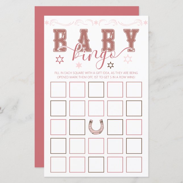 Cowgirl Baby Shower Bingo Game – Saddle Up Style (Front/Back)