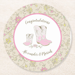 Cowgirl Baby Shower Country Western Pink Girl Round Paper Coaster
