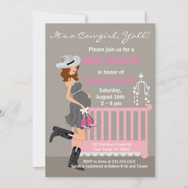 Cowgirl Baby Shower Invitations - Brunette Western (Front)