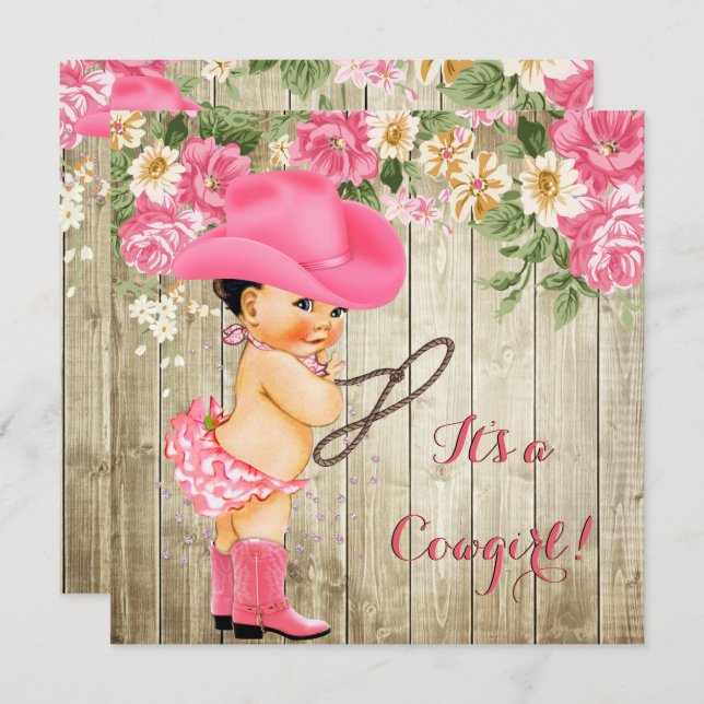 Cowgirl Baby Shower Pink Boots Floral Brunette Invitation (Front/Back)