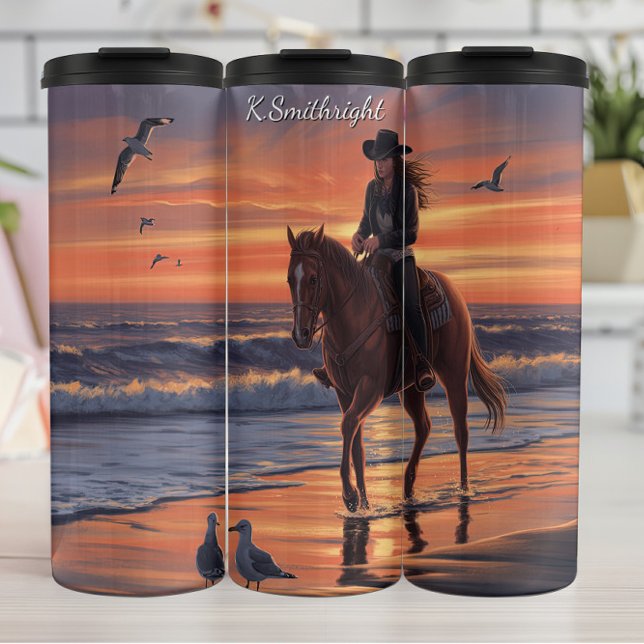 Cowgirl Beach Ride Sunset Gulls Thermal Tumbler (Creator Uploaded)