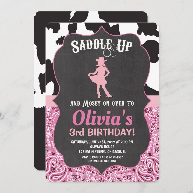 Cowgirl birthday invitation bandanna cow print (Front/Back)