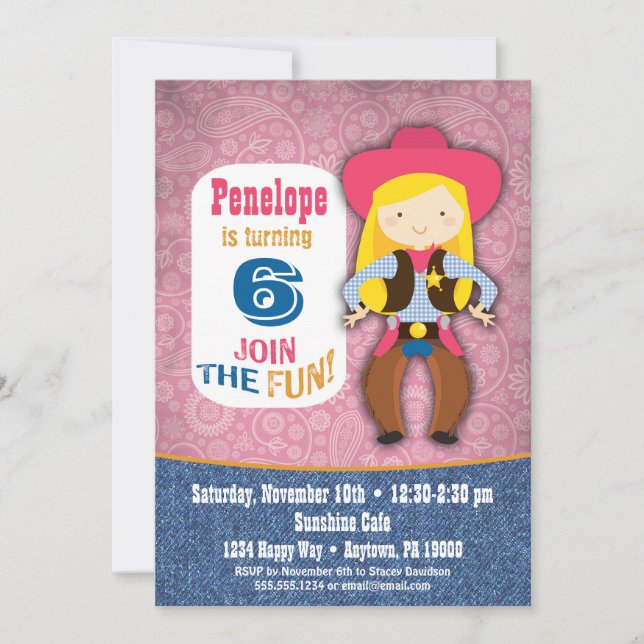 Cowgirl Birthday Invitation - Girls Pink Cowgirl (Front)