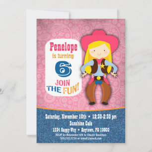 Cowgirl Birthday Invitation - Girls Pink Cowgirl