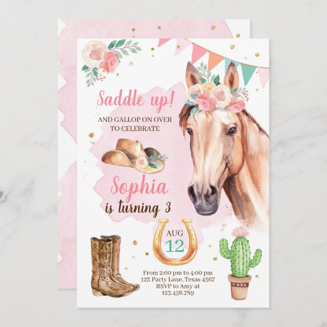 Cowgirl Birthday Invite Girl Horse Pink Watercolor (Front/Back)