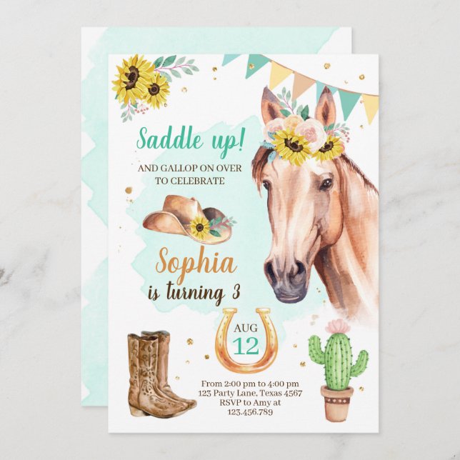 Cowgirl Birthday Invite Girl Horse Sunflowers Blue (Front/Back)