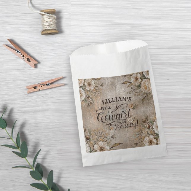Cowgirl Boho Floral Western Script Favour Bag (A little cowgirl is on the way vintage boho western baby shower favor bag)