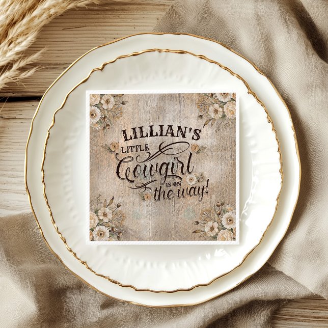 Cowgirl Boho Floral Western Script Paper Napkin (A Little Cowgirl is on the Way distressed wood effect - boho florals and western script typography)
