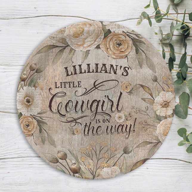Cowgirl Boho Floral Western Script Paper Plate (a little cowgirl is on the way vintage paper plate with boho florals)