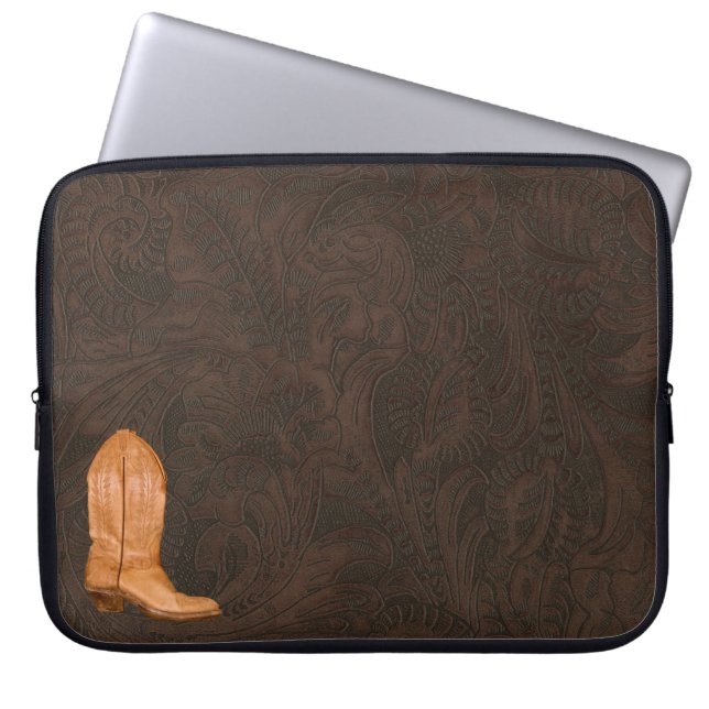Cowgirl Boot on Western-style Faux Tooled Leather2 Laptop Sleeve (Front)