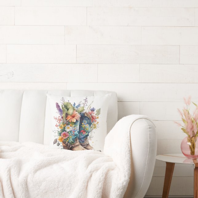 Cowgirl Boots and Colourful Flowers Cushion (Couch)