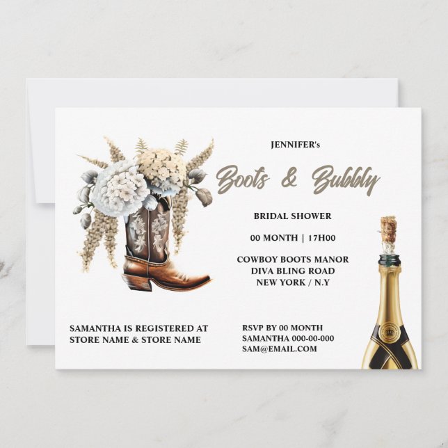 Cowgirl boots bubbly floral western bridal shower invitation (Front)