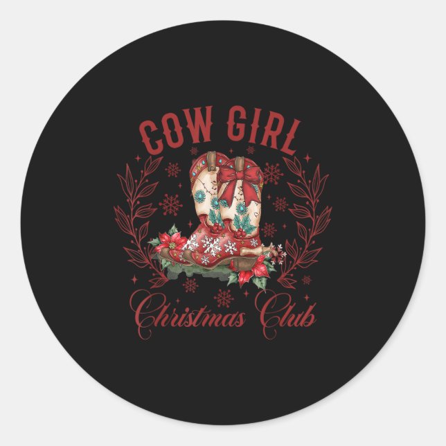 Cowgirl Boots Coquette Xmas Bow Western Howdy Chri Classic Round Sticker (Front)