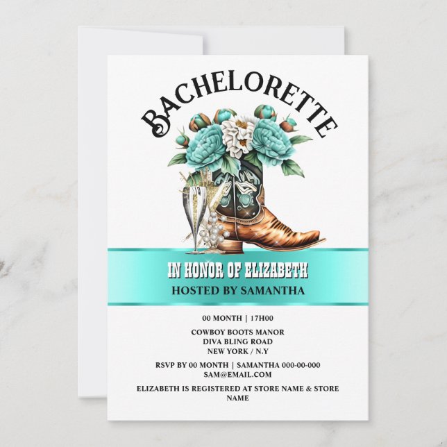 Cowgirl boots country peony bubbly glam chic invitation (Front)