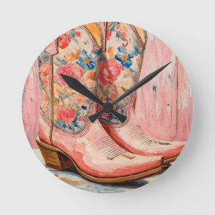 Cowgirl Boots Floral Pink Vintage Western Round Clock