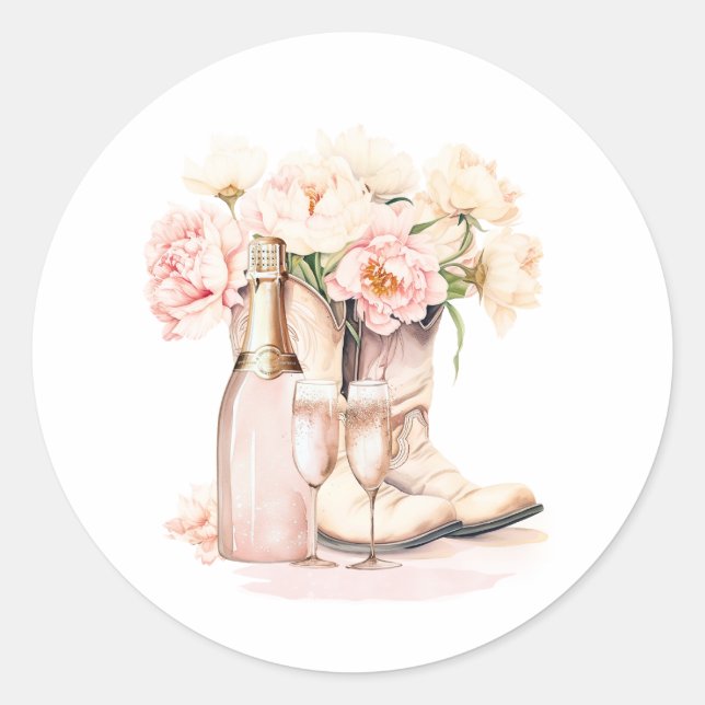 Cowgirl Boots Peonies Blush Pink BRIDAL SHOWER Classic Round Sticker (Front)