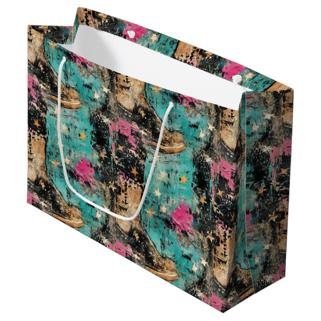 Cowgirl Boots Stars Art Retro Pattern Large Gift Bag (Front Angled)