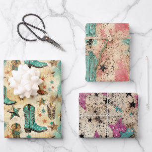 Cowgirl Boots Stars Pink Turquoise Set 3 Assorted Wrapping Paper Sheet